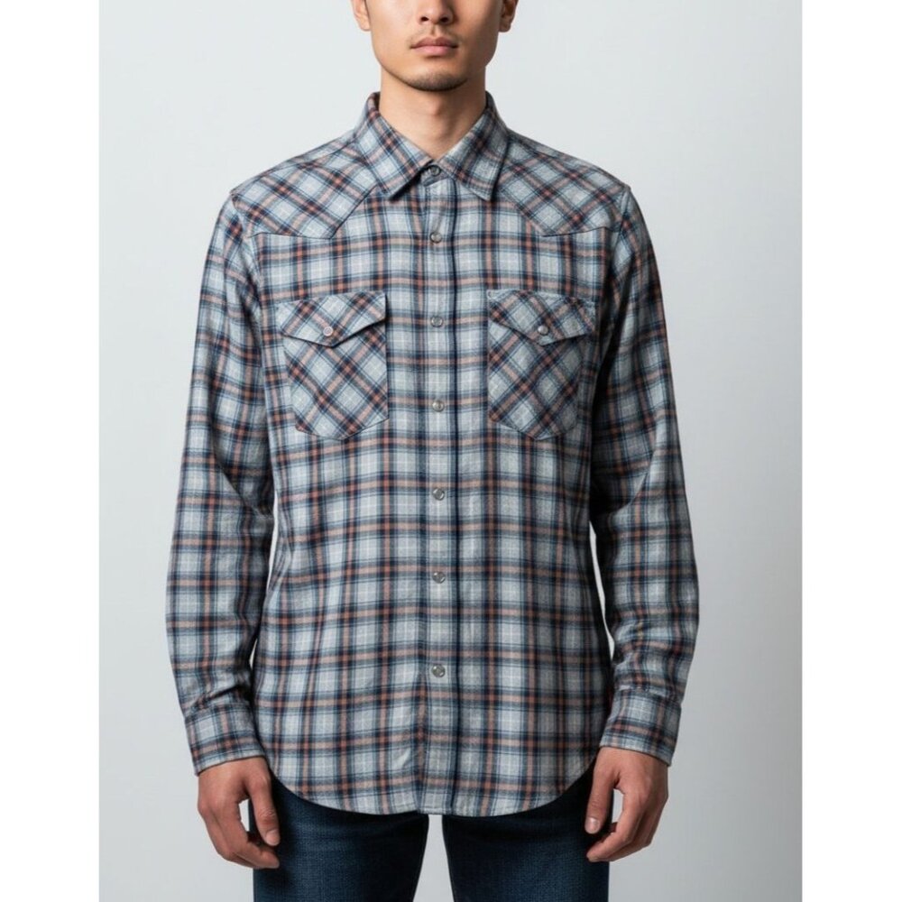 Wrangler Mens Blue & Orange Plaid Long Sleeve Western Shirt S 68% Cotton Button